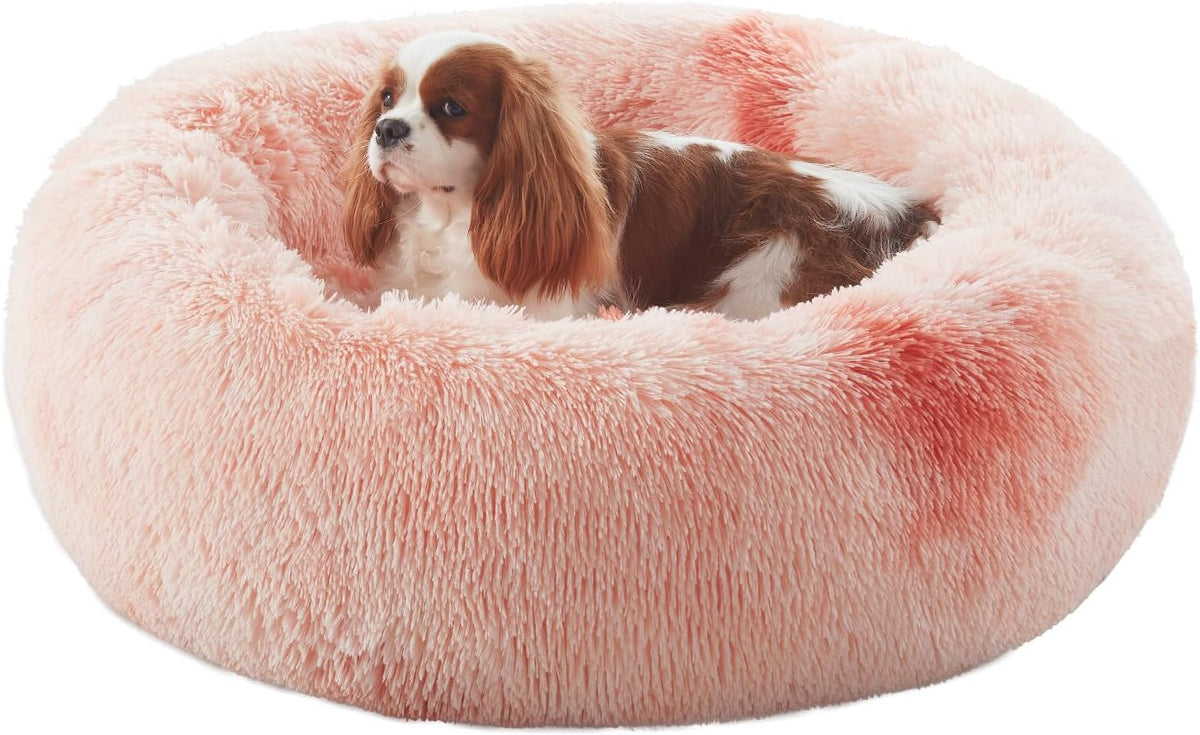 30 in Faux Fur Fluffy Donut Dog Bed for Medium Dogs,Tie-dye Pink