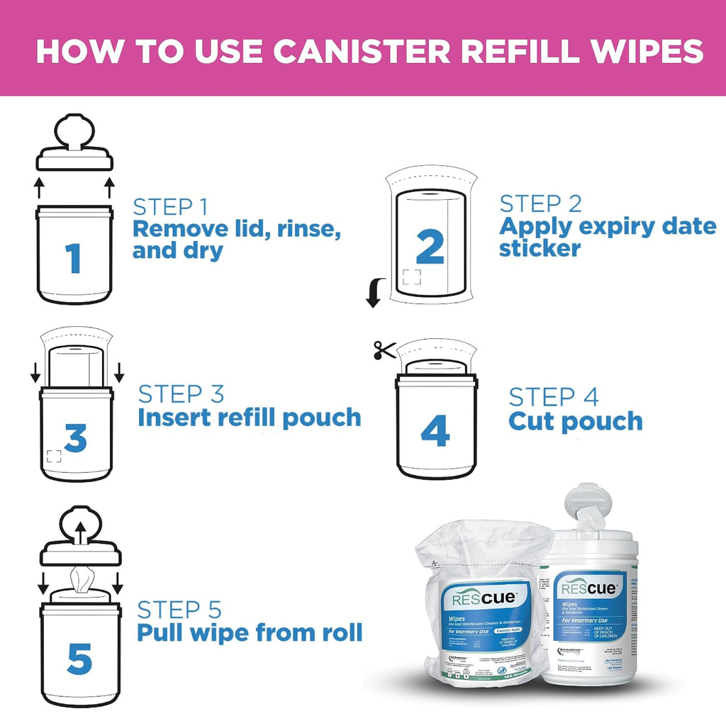 REScue One-Step Disinfectant Cleaner & Deodorizer Wipes for Vet Use – Cleaner for Kennels, Litter Boxes, Vet Offices, Pet Grooming Surfaces, Pet Items – Wipes Canister, 160-Count (4 Pack)