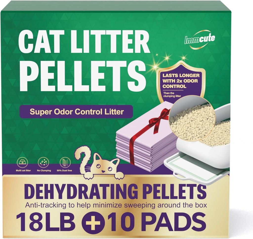 IMMCUTE Zeolite Litter Pellets, 18lb Bag Lasts 120 Days, Odor Control Cat Litter Pellets with Extra 10 Ct Pee Pads, Non Clumping Cat Litter, Low-Tracking, Unscented