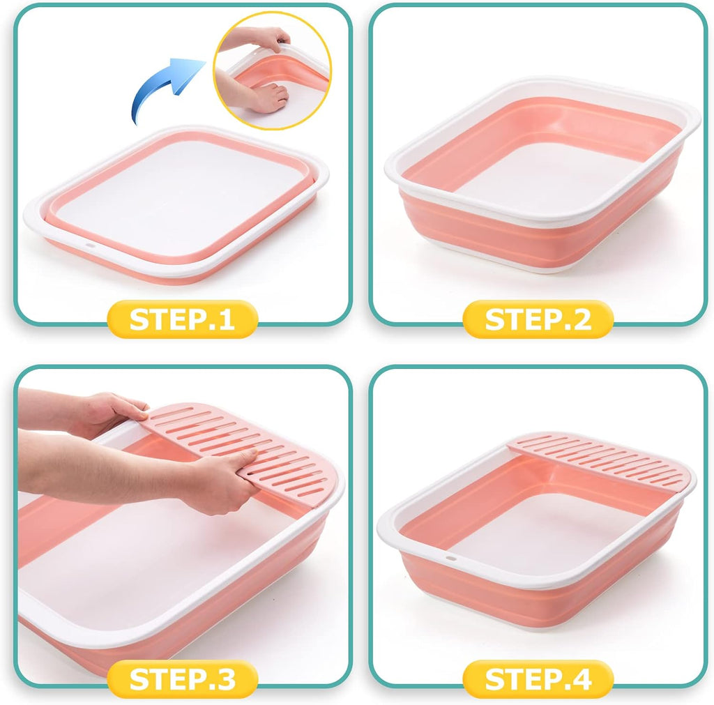 Open Top Cat Litter Box, Large Foldable Cat Potty Height-Adjustable Sides Anti-Splash, Open Air Kitty Litter Pan No Smell, Cat Toilet Easy Clean with Cat Litter Scoop (Pink)