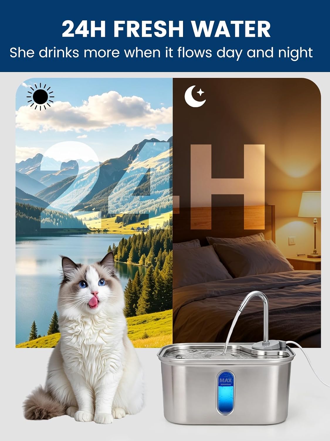 Cat Water Fountain Stainless Steel for Cats Indoor 2.5L 85oz by BPA-Free SUS304, Effective 6-Layer Filter Cat Fountain for Drinking 15dB Ultra Quiet Metal Pet Water Fountain (Fountain+4 Filters)