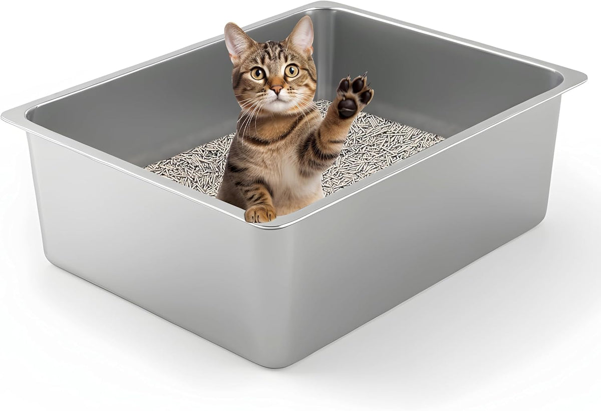 Kirecoo Large High Sided Stainless Steel Cat Litter Box, Non-Stick | Solid Metal Box, Odor Free, Non Stick, Rust Proof, Easy to Clean, Ideal for Cats, Kitten, Kitty & Rabbits, Indoor Use