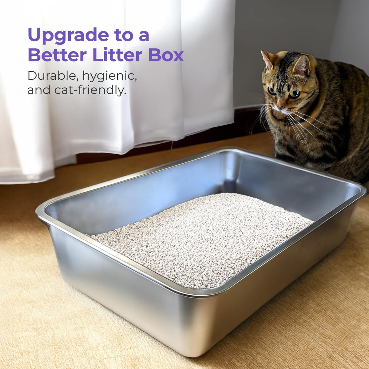 iPrimio Stainless Steel Cat Litter Box, XL 23.5" x 15.5", Nonstick Coated | Nonstick coated XL steel pan. Waste lifts away cleanly and the steel itself never absorbs odor, rust or stains like plastic.