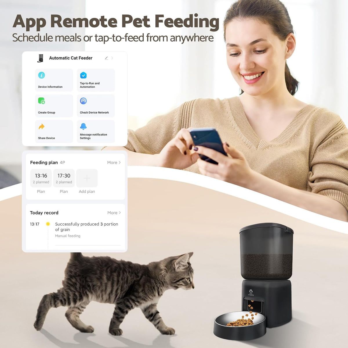 Automatic Cat Feeder, 5G WiFi Auto Cat Food Dispenser with Desiccant Bag, 5L Timed Pet Feeder with Free APP Service, Adjustable Portions Down to 1/12 Cup, Up to 10 Meals Per Day, Dual Power Supply