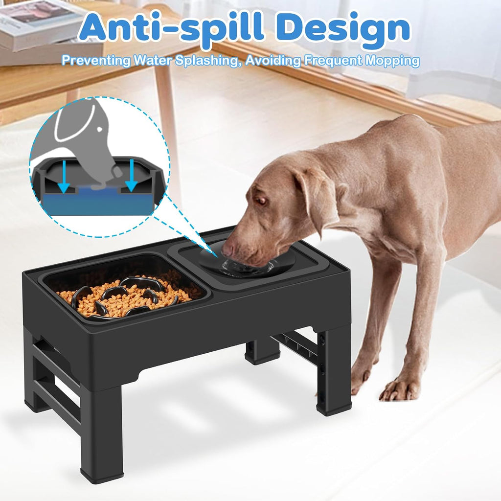 2-in-1 Elevated Dog Bowls, No Spill Water Bowl, Slow Feeder Food Bowl