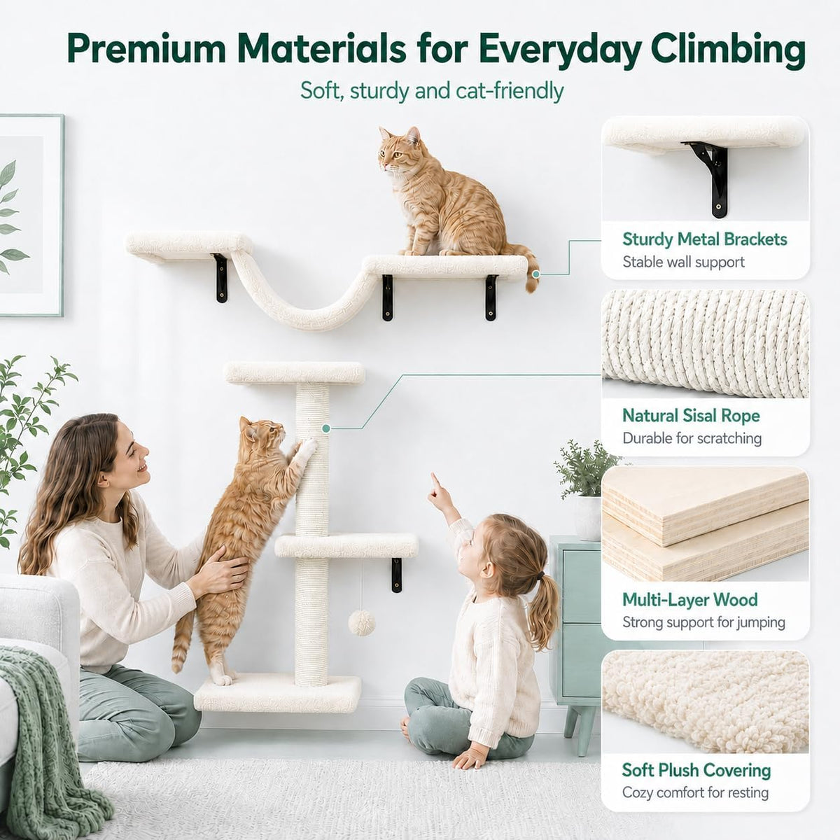 Cat Wall Shelves Set - 5 in 1 Wall-Mounted Cat Tree with Scratching Post - Perch, Condo, and Climbing Platforms - Ivory