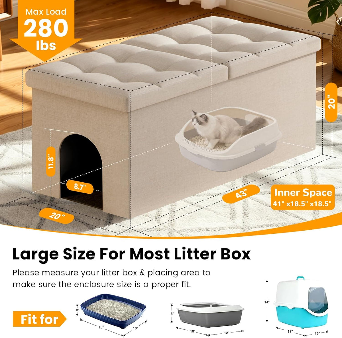 3-in-1 Cat Litter Box Enclosure Furniture, XX-Large, Beige