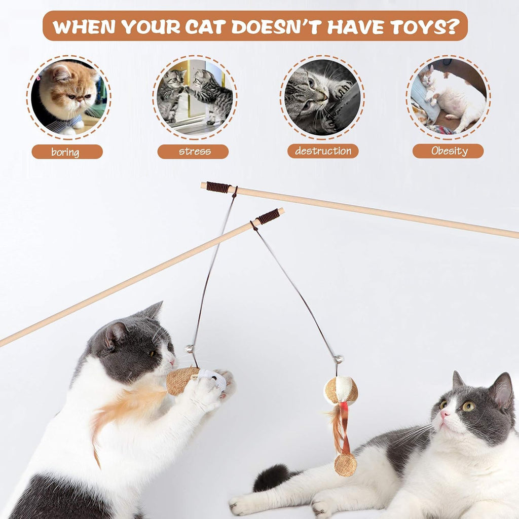 KABB Cat Toys for Indoor Cats, 3pcs 16 Inch Natural Wood Cat Teaser Wand Toy with Teaser Refills for Cat Kitten Having Fun Exerciser Playing, Bonus 5pcs Catnip Sticks for Cat Teeth Cleaning