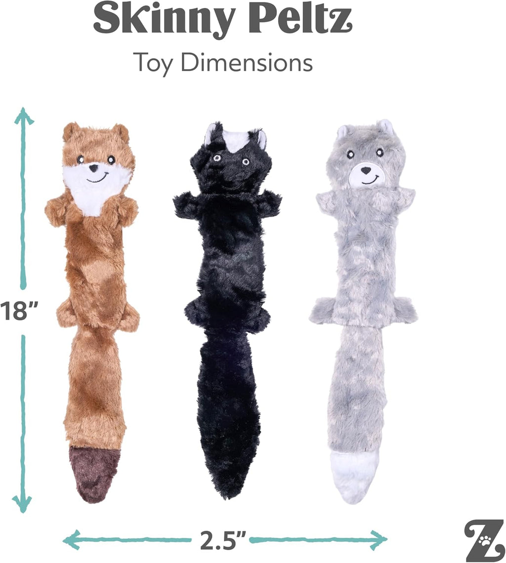 ZippyPaws Skinny Peltz No Stuffing Dog Toy Pack to Keep Them Busy - 18" | For Medium and Large Dogs, Squeaky Pet Toys, Unstuffed Chew Toys, Soft Plush Variety Pack, Weasel, Skunk, and Wolf