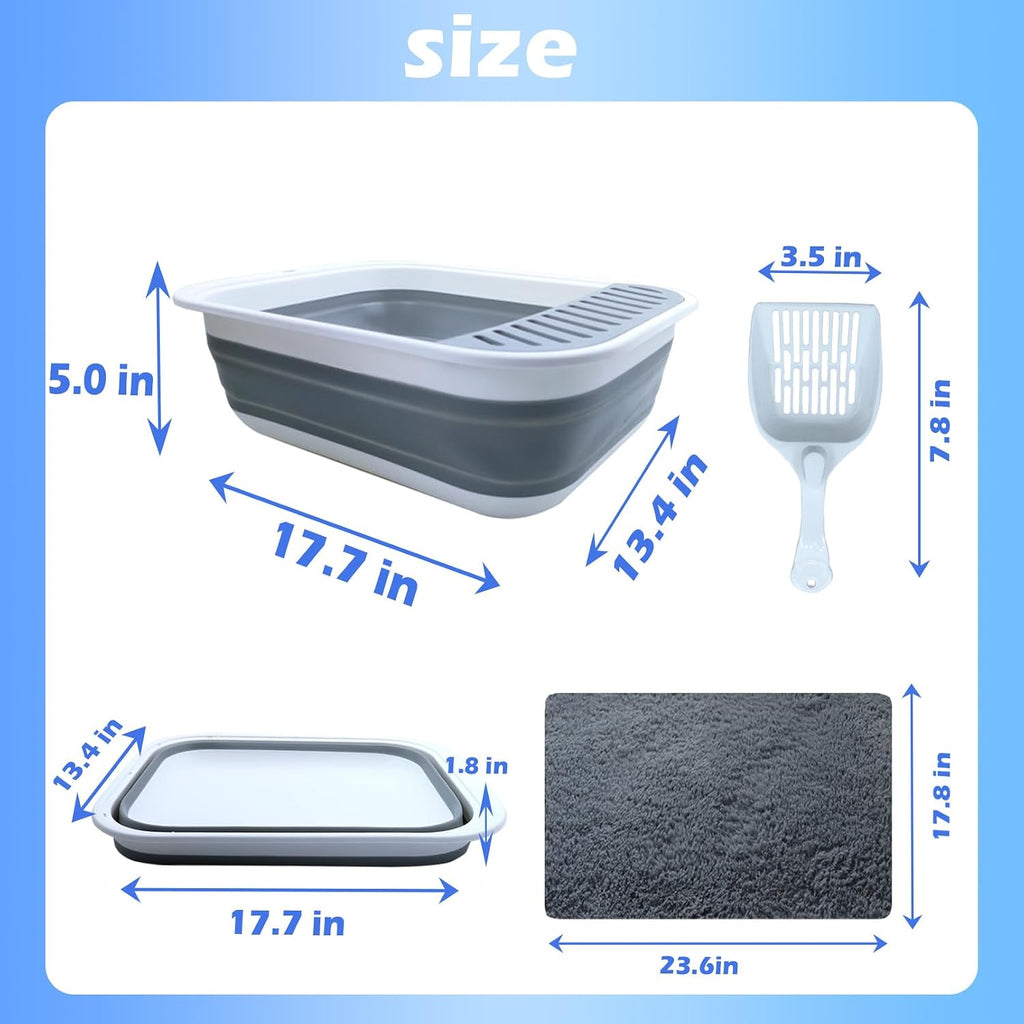 Collapsible Small Cat Litter Box,Open Top Cats Litter Pan with Scoop Waterproof & Foldable Kitten Potty Toilet Anti-Splashing Low Entry Kitty Travel Litter Tray Semi-Enclosed Easy Clean(Gray)