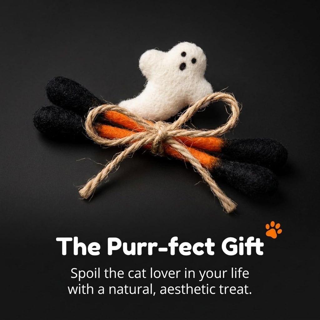 Glaciart One Halloween Cat Toys with Catnip – 7 Pack Felt Swab Cat Toys + Ghost Toy, Interactive Wool Cat Toys for Indoor Cats & Kittens, Handmade Natural Catnip Toys for Chase, Chew & Play