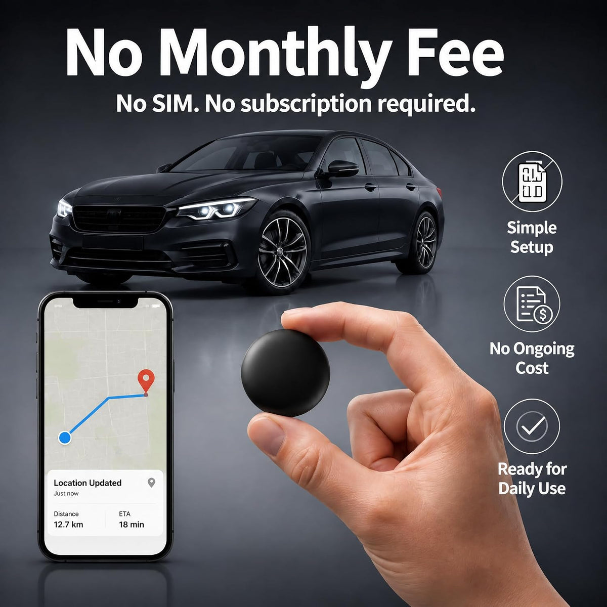 GPS Tracker for Vehicles – No SIM Required, Hidden Magnetic Car Tracker, Real-Time GPS Tracking for Kids, Car, Pets, No Monthly Fee, Works with Apple Find My, 2026 Upgraded (Black)