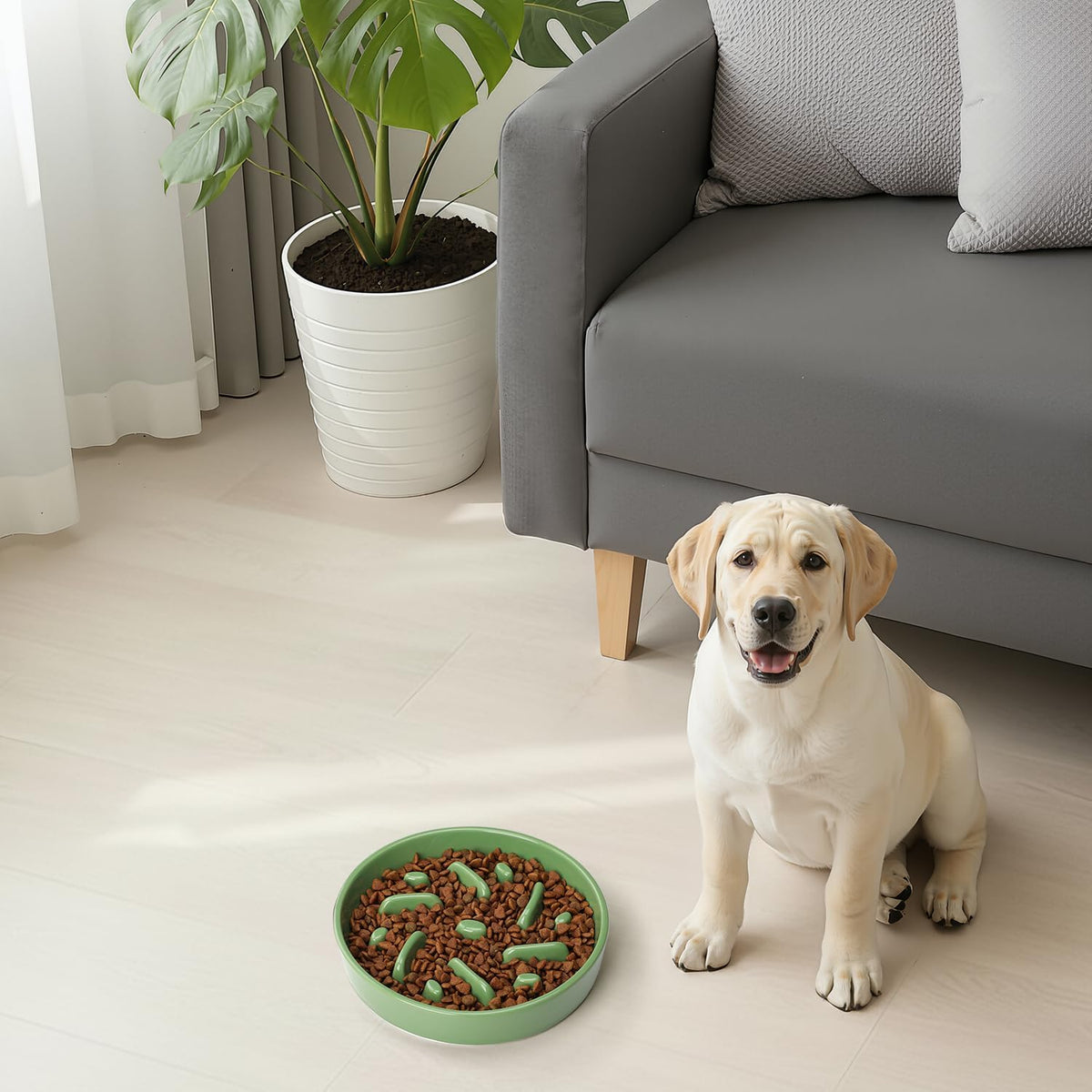 Ceramic Slow Feeder Dog Bowl, 2 Cups Maze Puzzle Dish to Slow Down Eating
