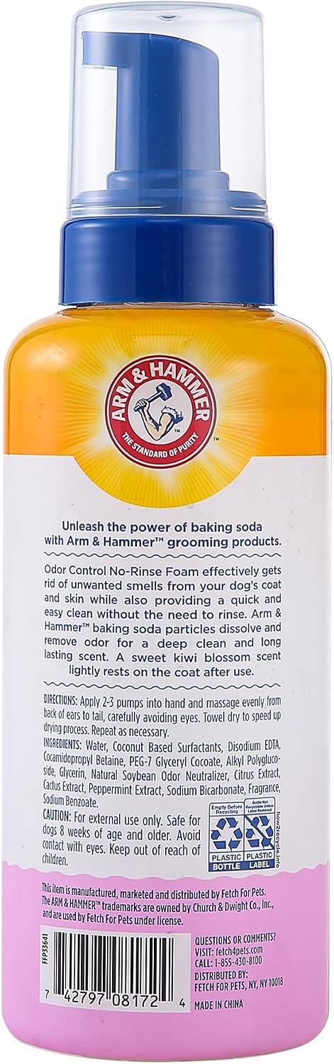 Arm & Hammer for Pets Odor Control Pet No-Rinse Foam with Baking Soda, Kiwi Blossom Scent, Best Odor Eliminating Foam for Dogs and Puppies; Waterless Dog Deodorizer, 16 Fl Oz (Pack of 2)
