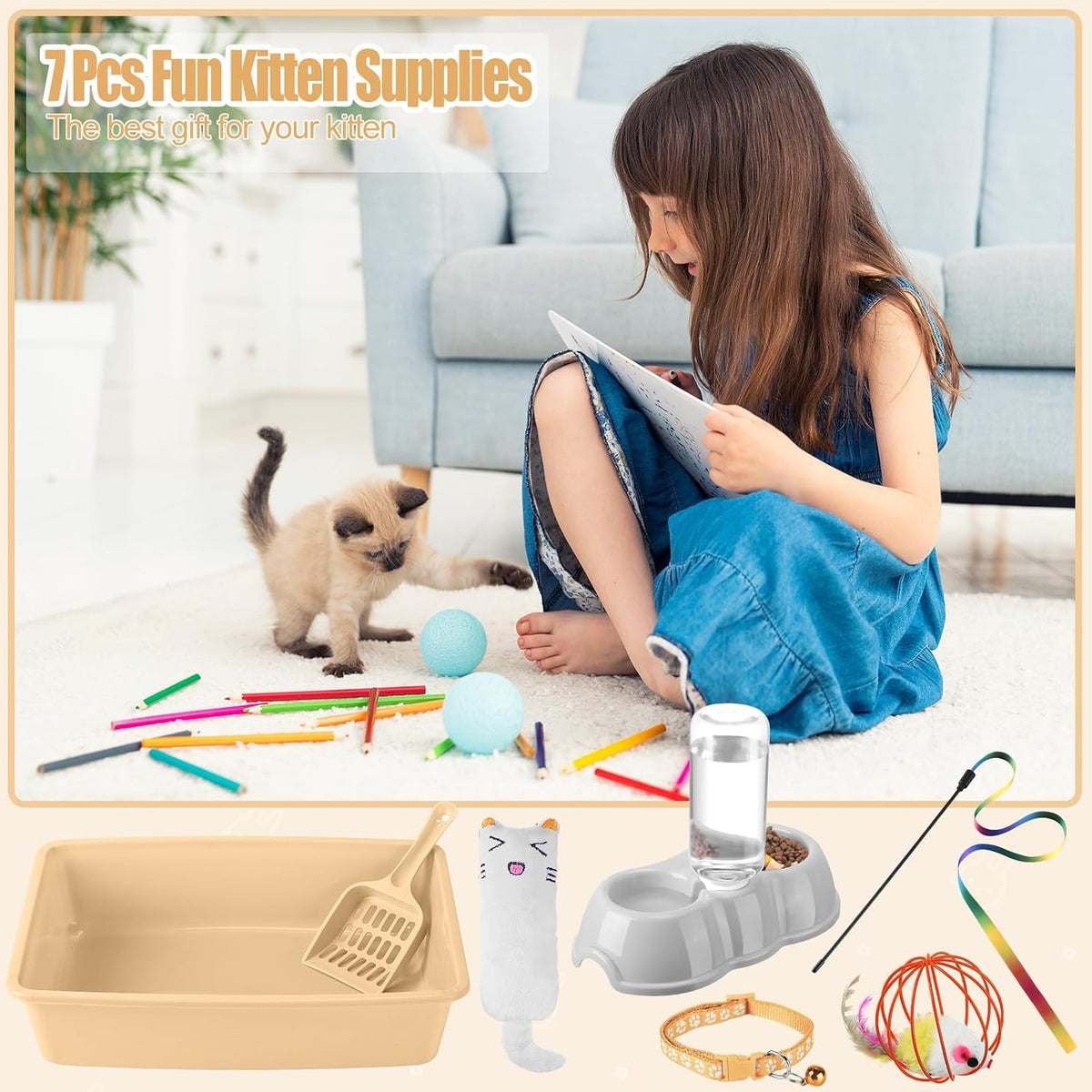 Tioncy 7 Pcs Kitten Litter Box Starter Kit with Mat, Simple, Khaki