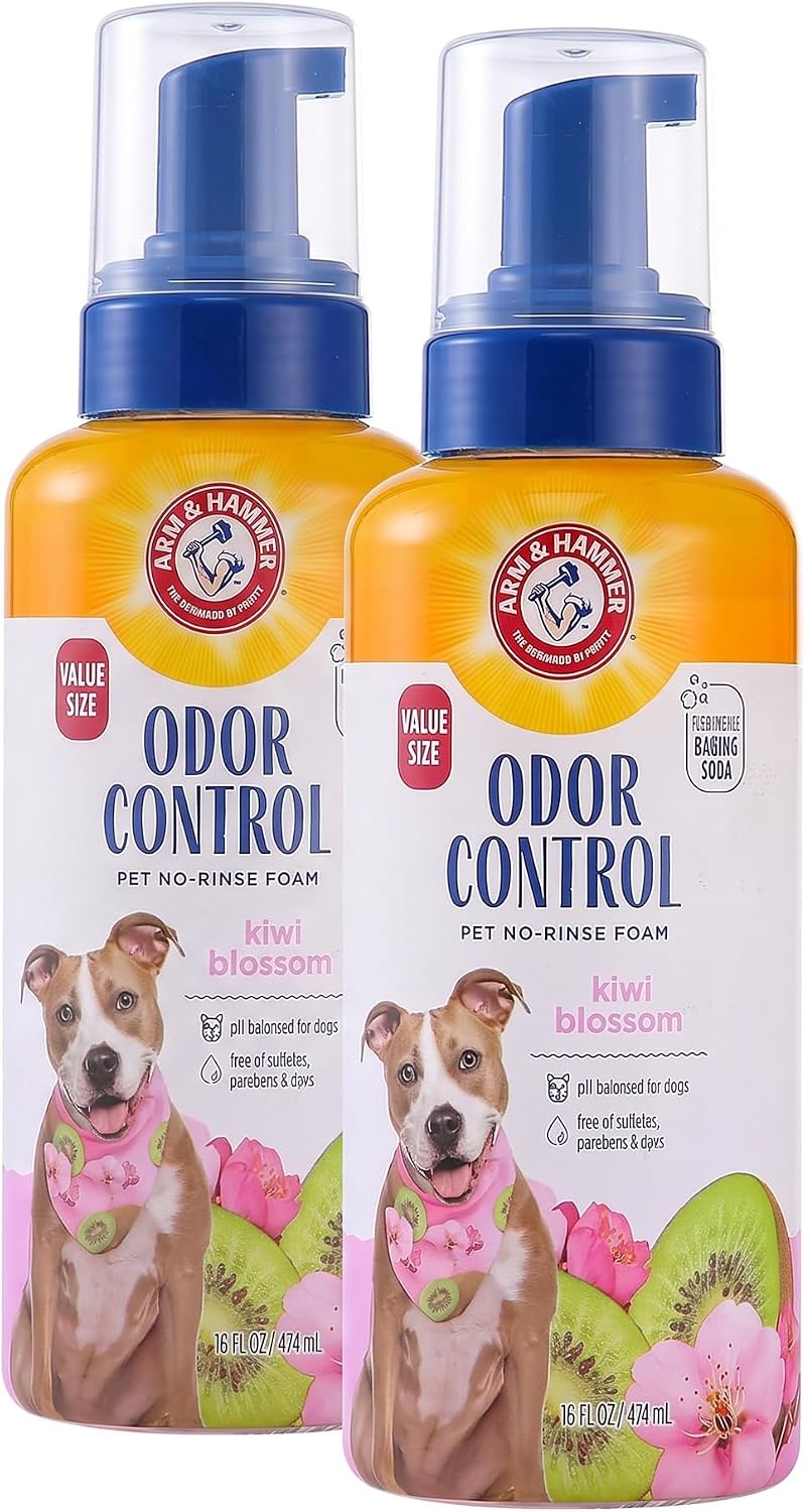 Arm & Hammer for Pets Odor Control Pet No-Rinse Foam with Baking Soda, Kiwi Blossom Scent, Best Odor Eliminating Foam for Dogs and Puppies; Waterless Dog Deodorizer, 16 Fl Oz (Pack of 2)
