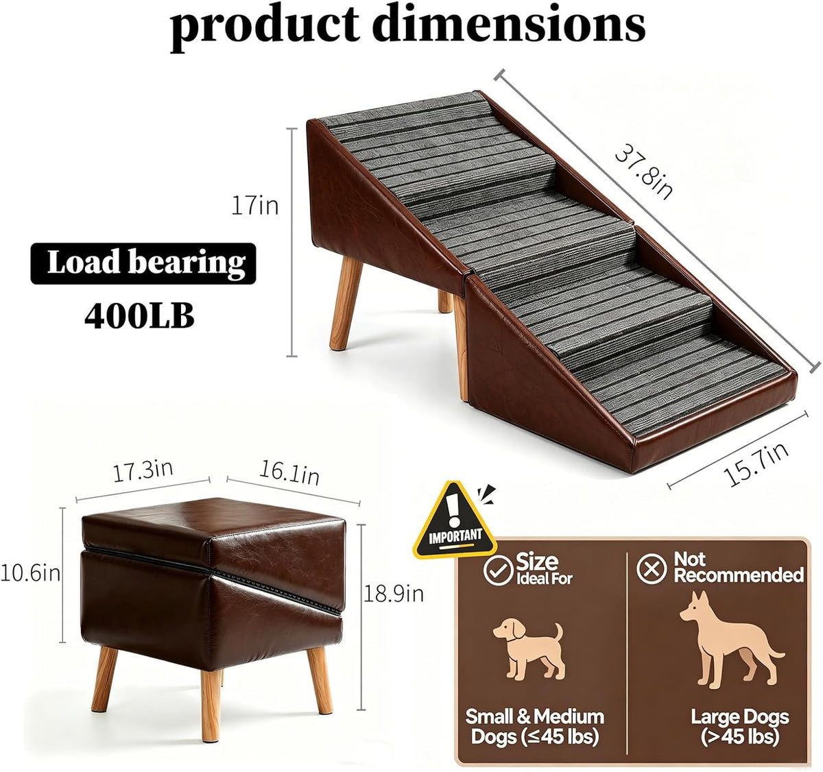 Luxury Dog Stairs for Small Dogs, Non-Slip Dog Ramp for Bed & Couch, Foldable 2-in-1 Pet Ramp & Ottoman with Solid Wood Frame, Pet Stairs & Steps for Puppy (Brown)