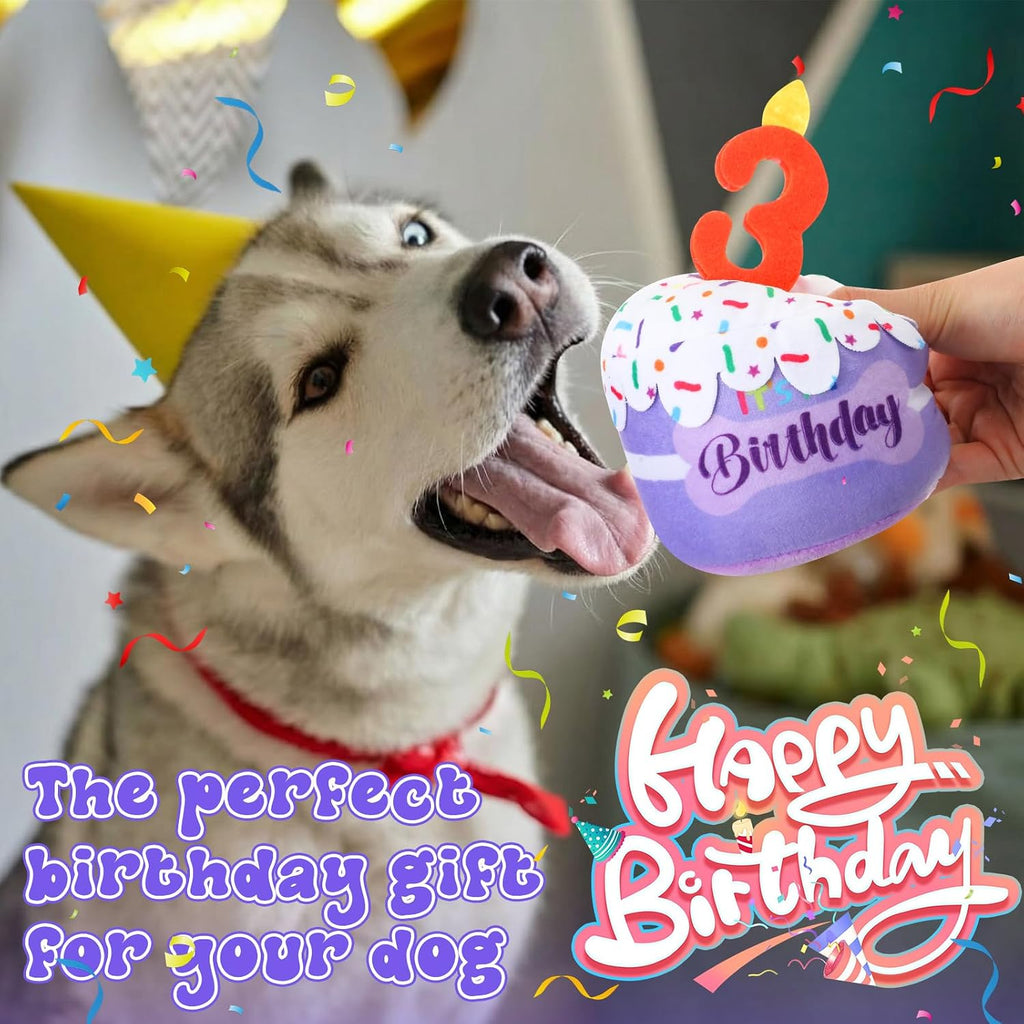 Dansydaisy Dog Birthday Cake Toy Squeaky Plush Gift,3rd,Purple | Interactive Squeaky Gift for Dogs, Dog Birthday Decor , Soft Chew for Small Medium Large Pets, Cake Design with Candle