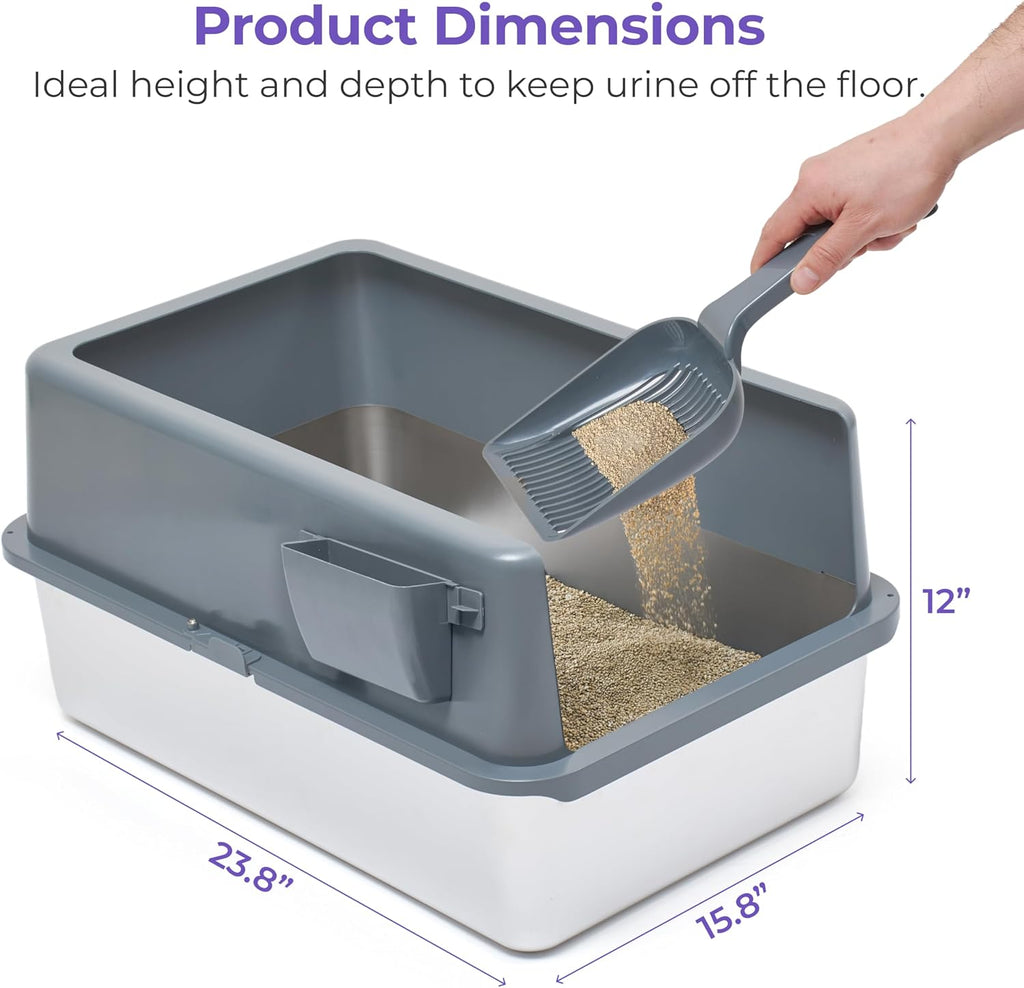 iPrimio Stainless Steel Cat Litter Box, XL Set with Scooper and Litter Mat | Complete XL steel setup with enclosure, step scoop and elevated mat. Scratch proof and bite proof, so it lasts for years.