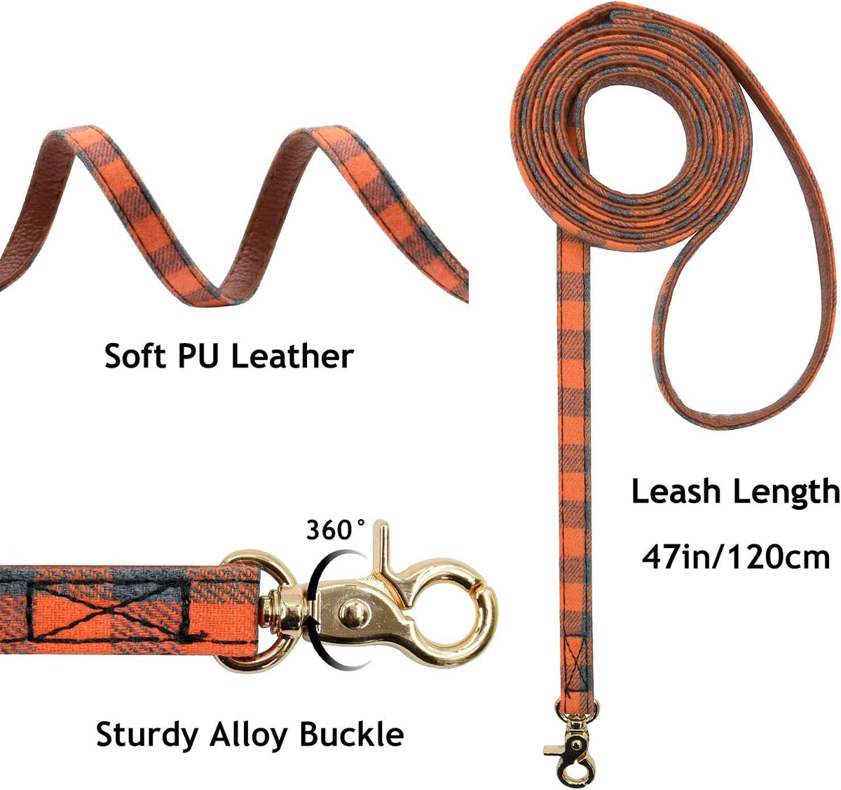 3PCS Bow Tie Dog Collar and Leash Set Plaid/Camo/Dots/Flower Dog Bandanas with Bell 3 Size Adjustable for Small Dogs Puppies and Cats (XS, Orange Plaid)