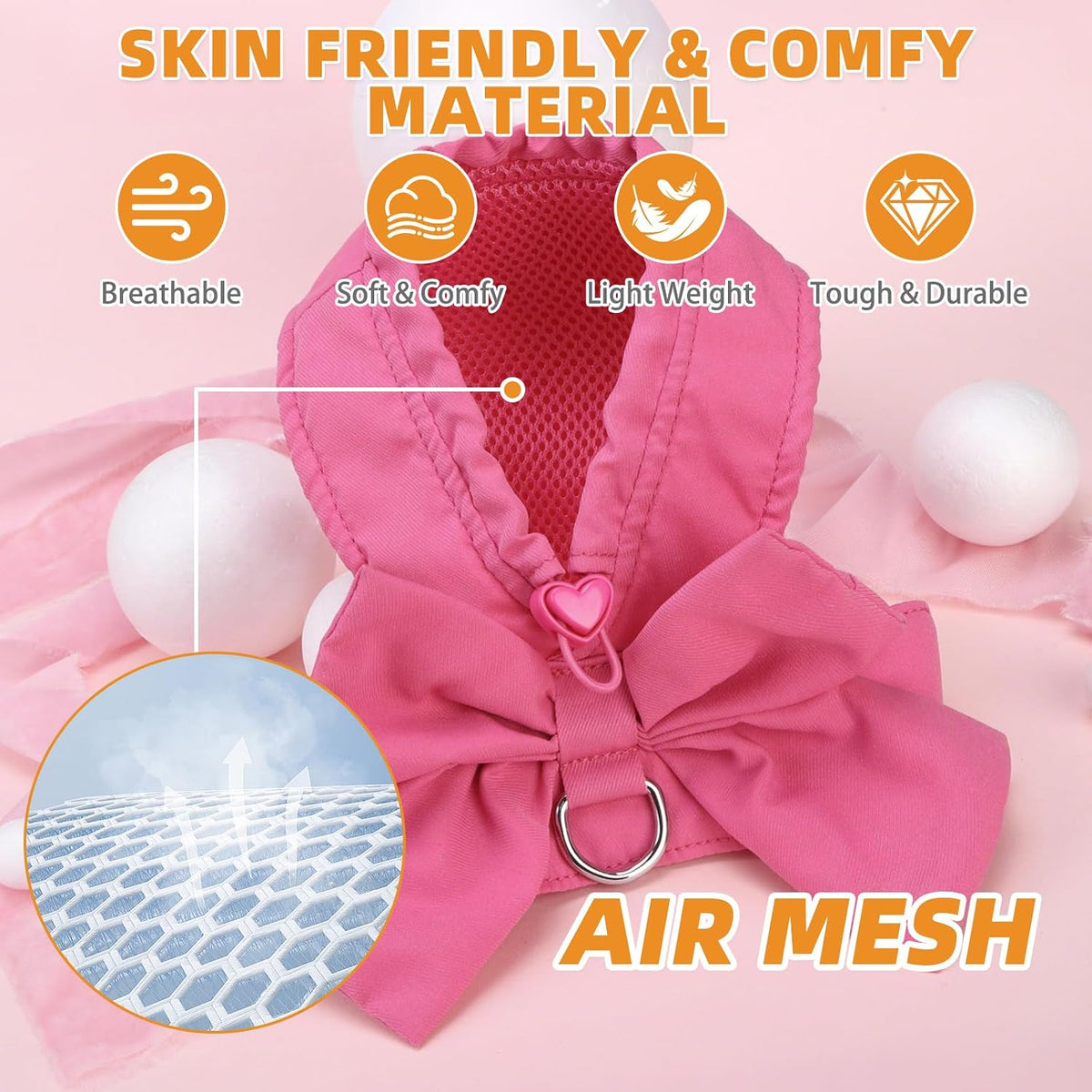 KOOLTAIL Small Dog Harness and Leash Set, Cute Puppy Vest Harnesses with Bowtie for Girl Outfit, Step in No Pull Soft Mesh Padded Adjustable Pet Harness for Extra-Samll Medium Dogs Cats, XS S, Pink M