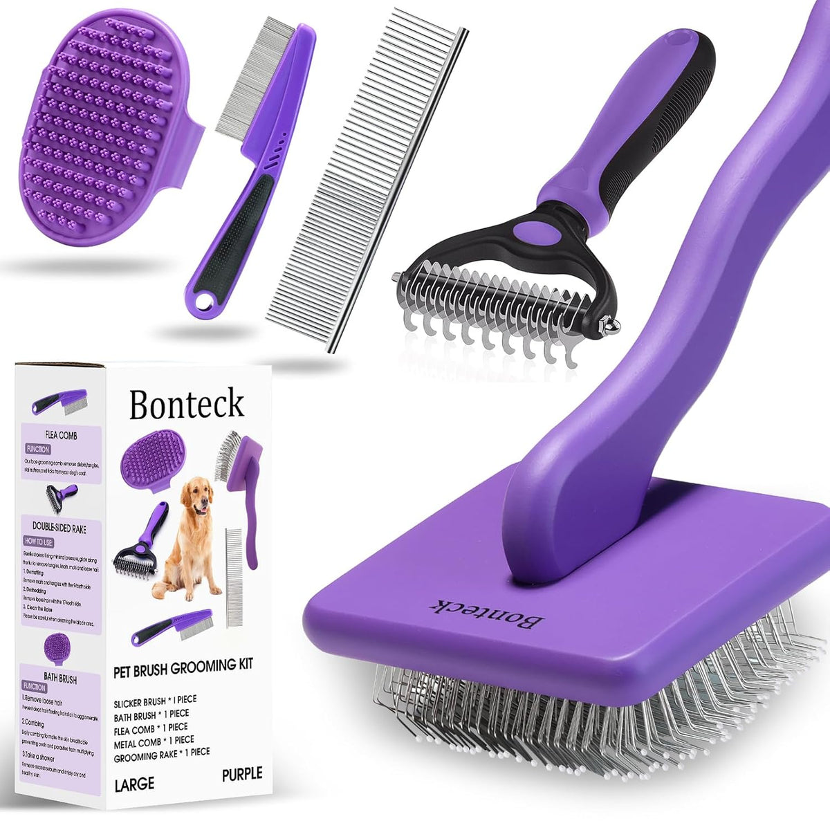 Bonteck Dog Slicker Brush for Dogs Grooming Kit 5PCS Long Haired Doodles | Goldendoodles Poodles, Skin Friendly Deshedding, Comb and Rake, Removes Undercoat, Professional Detangling, Large, Purple