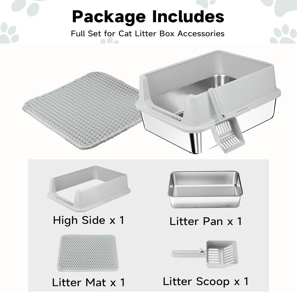 TENTIZON Stainless Steel Cat Litter Box for Kittens and Medium Cats, Open Top Metal Kitty Small Litter Box with High Sides Lid, Litter Mat, Scoop, No Odor, No Mess, Leak Proof, Easy Clean