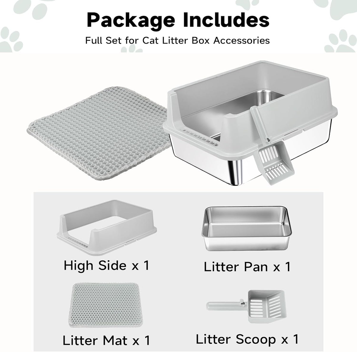 TENTIZON Stainless Steel Cat Litter Box for Kittens and Medium Cats, Open Top Metal Kitty Small Litter Box with High Sides Lid, Litter Mat, Scoop, No Odor, No Mess, Leak Proof, Easy Clean