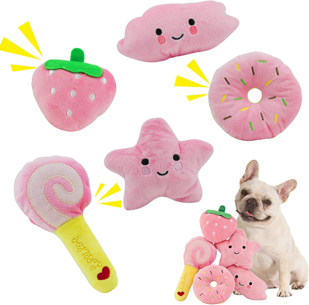ASOCEA Small Dog Toys 5 Pack, Squeaky Plush Puppy Toys,Pink | Soft Cute Interactive Chew Teething Toys for Small Breed Dogs
