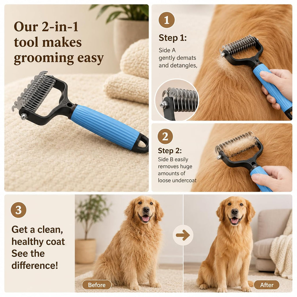 2PCS Pet Grooming Brush,Double Sided Undercoat Rake & Dematting Comb For Dogs And Cats,Deshedding Dog Brush Removes Tangles Knots and Loose Fur For Medium Long Haired Breeds(Large)