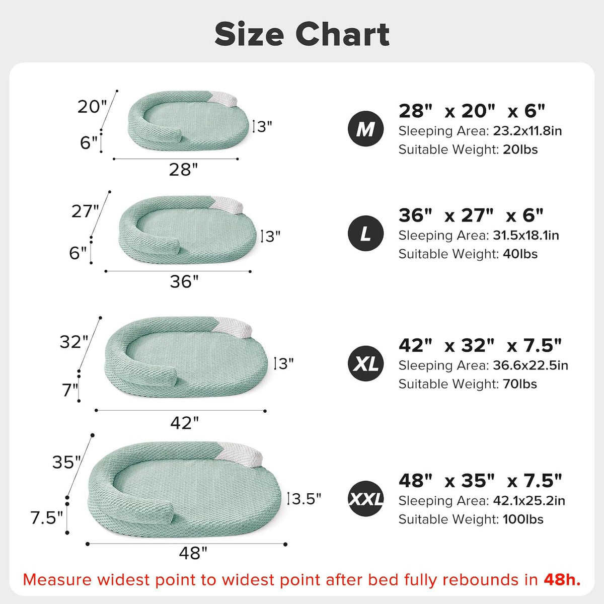 JOEJOY XXL Orthopedic Dog Beds, Extra Large Washable Waterproof Oval Dog Bed with with Removable Cover, Egg-Crate Memory Foam Pet Bed with Bolster Sides & Non-Skid Bottom, Green, 48''x35''