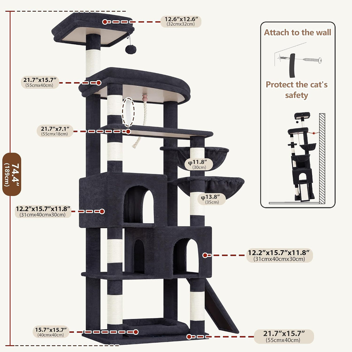 Gitelsnour 74.4'' Cat Tree Tower for Large Cats with Removable Bed, GCT803G