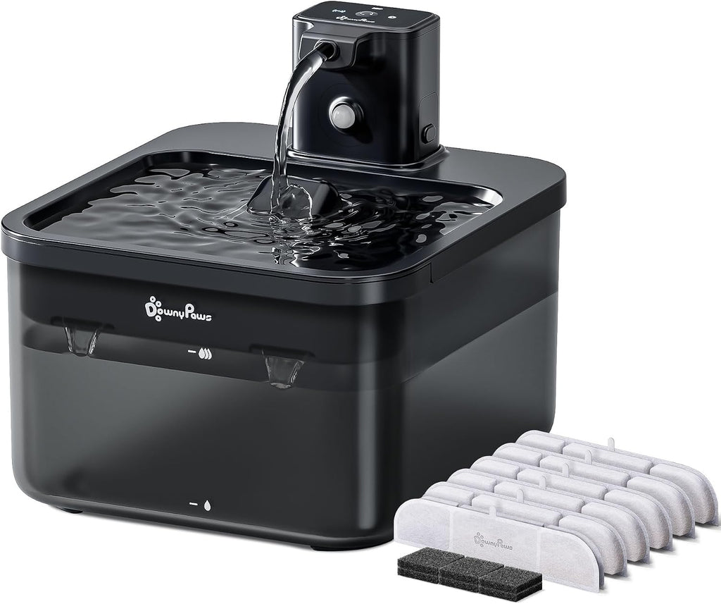 DownyPaws Cat Water Fountain Cordless, Pet Fountain, Black, 6 Filters