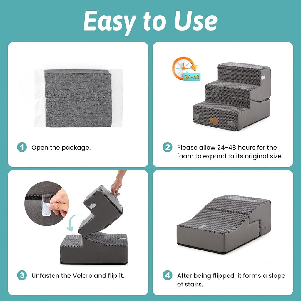 COZY KISS Dog Stairs for Small Dog, 14.2" H, 3 Step for Couch, Gray