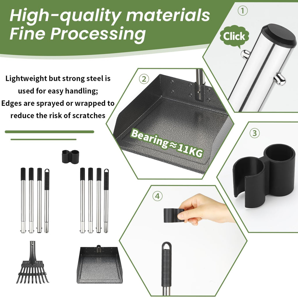 T2Y Pooper Scooper for Large Dogs, Rake & Spade & Extra Large Tray Set | 48" Tall No-Bend | 9.4'' Large Tray | Stainless Steel | Adjustable | Works on Grass, Gravel & Dirt | Easy to Install