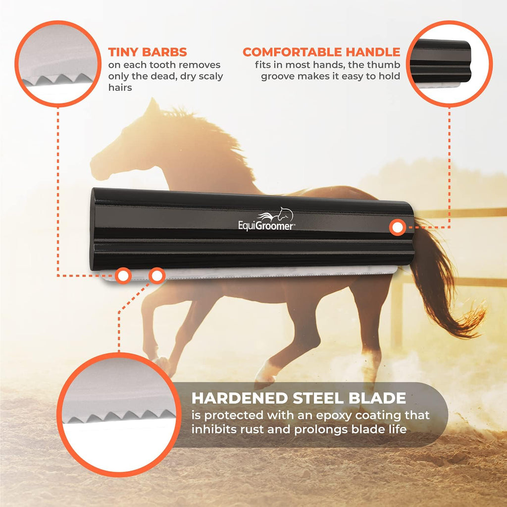 EquiGroomer 8-Inch Deshedding Brush for Dogs & Horses, Black | Best for large dogs 50 lbs and up, plus horses and ponies, thick coats, stainless blade, gentle on skin 