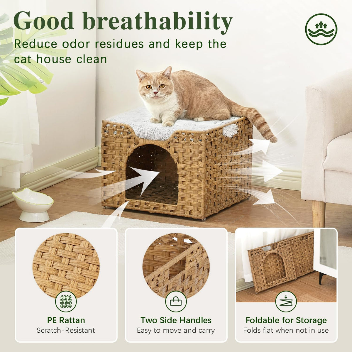 SETVSON Cat Beds Indoor Kitten House, PE Rattan Cat Cave, Natural