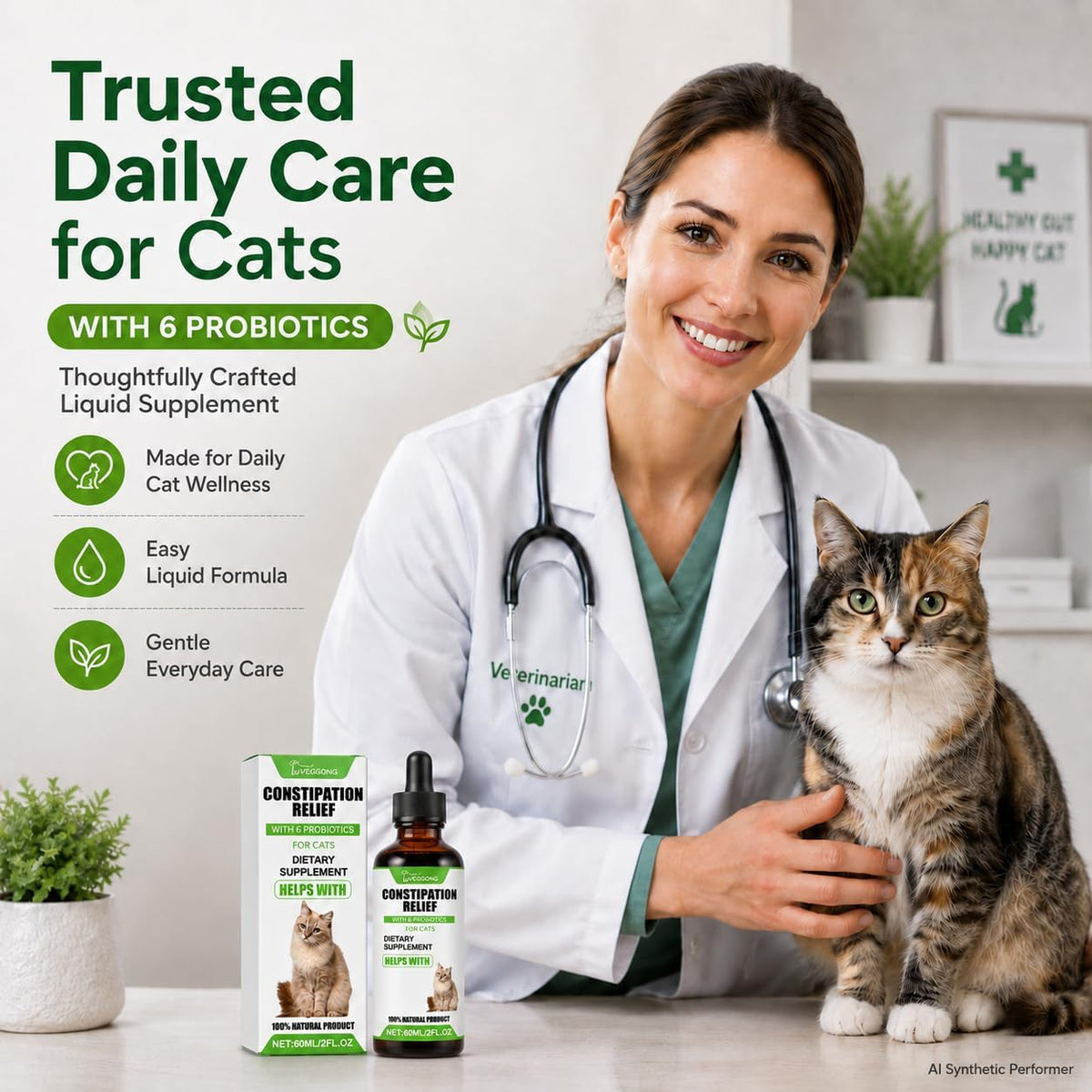Cat Constipation Relief Liquid Supplement with 6 Probiotics, Digestive Support for Cats, Supports Healthy Bowel Function & Stool Quality, Natural Daily Gut Health Care for Indoor and Senior Cats, 60ml