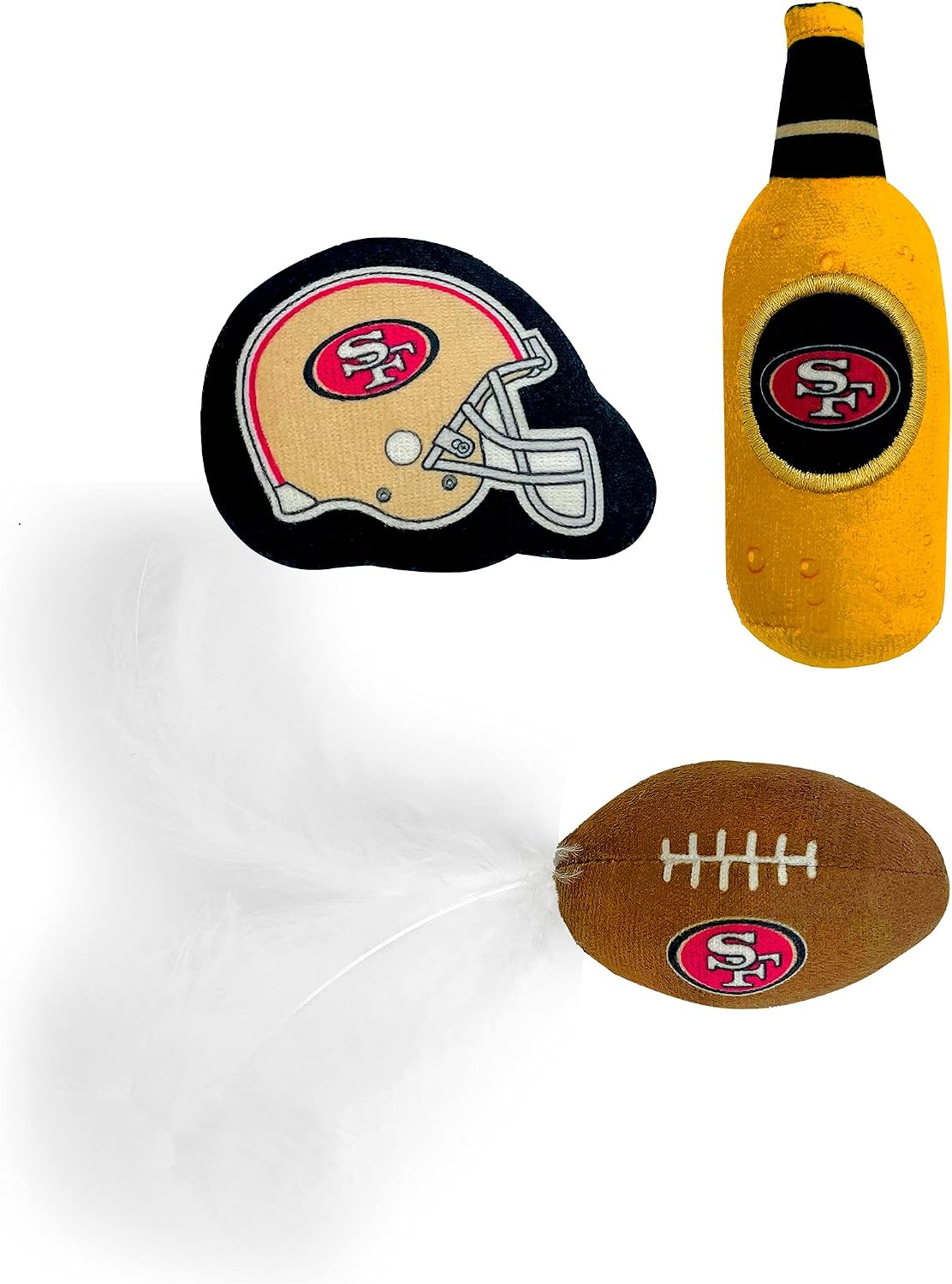 BEST PLUSH CAT TOY NFL SAN FRANCISCO 49ERS Complete Set of 3 piece Cat Toys filled with Fresh Catnip. Includes: 1 Helmet Cat Toy, 1 Football Cat Toy with Feathers & 1 Beer Bottle. Beautiful Team LOGOS