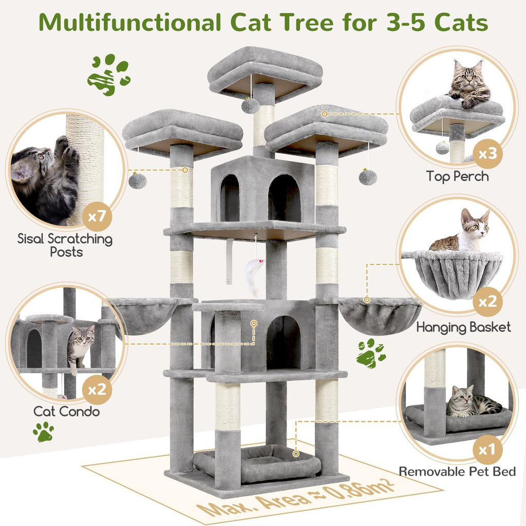 Globlazer Big XL Cat Tower for Indoor Multiple Cats, F68B, Light Grey