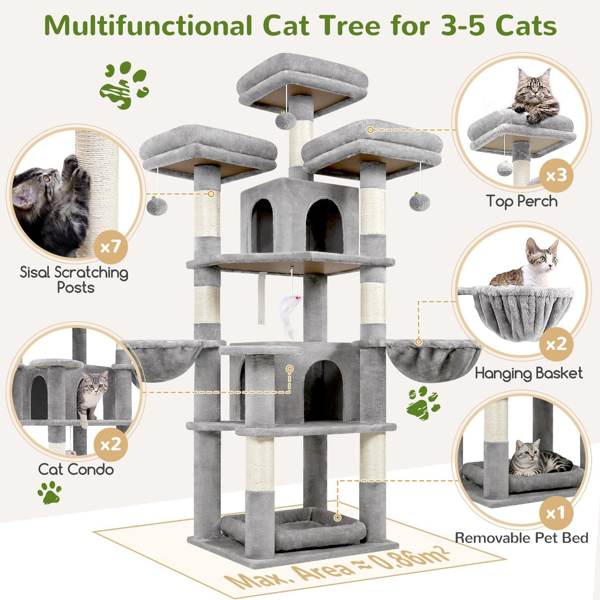 Globlazer Big XL Cat Tower for Indoor Multiple Cats, F68B, Light Grey