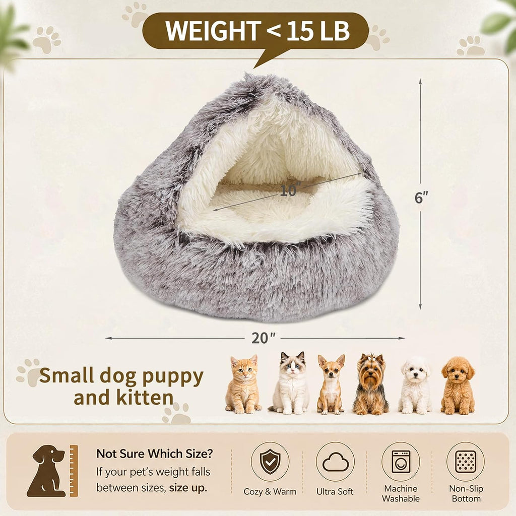 ShinHye Cozy Cat Bed - Round Plush Fluffy Hooded Cave, Indoor/Outdoor, Waterproof & Washable (20x20inch, Coffee)