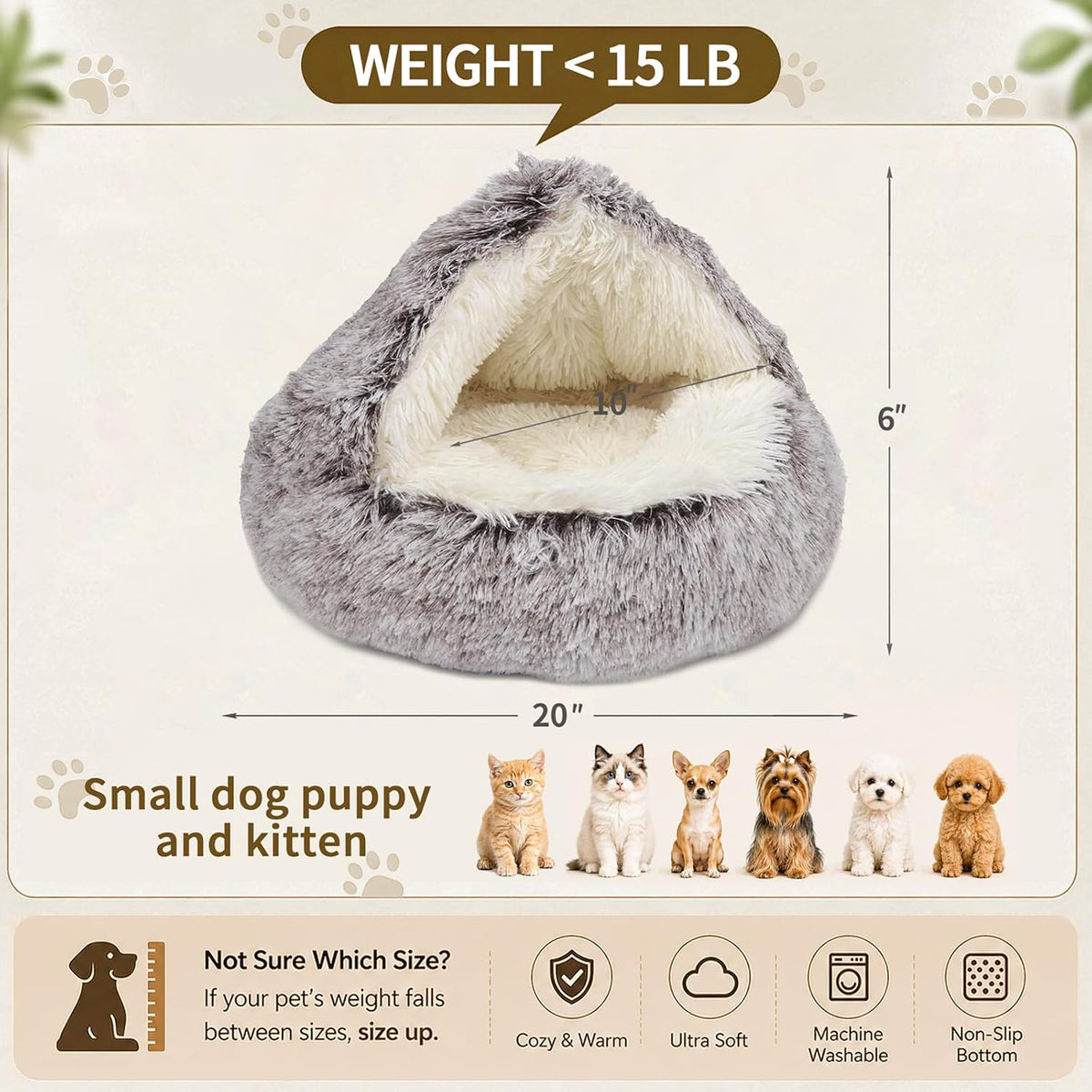 ShinHye Cozy Cat Bed - Round Plush Fluffy Hooded Cave, Indoor/Outdoor, Waterproof & Washable (20x20inch, Coffee)