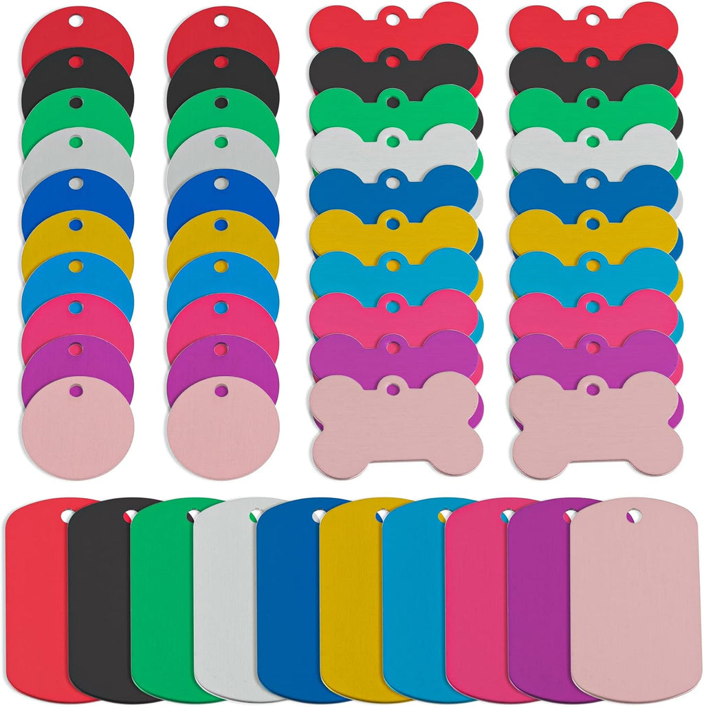 Framendino, 60 Pack Pet ID Tag Colorful Blank Double Sided Aluminum Charms for Dog Cat DIY Crafts Jewelry Making 10 Colors 3 Different Shapes