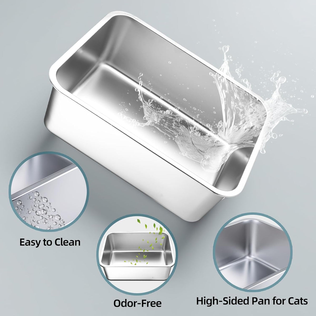 Stainless Steel Cat Litter Box - Medium Litter Box for Cats, Rabbits, and Pets, Non-Stick, Odor-Free, Easy to Clean, Splash-Proof, Sturdy and Durable (17.7" L x 13.8" W x 6" H)
