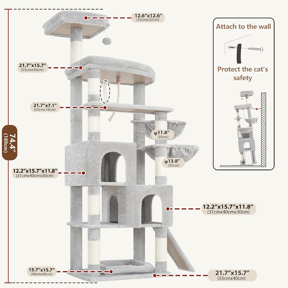 Gitelsnour 74.4'' Cat Tree Tower for Large Cats with Removable Bed, GCT803W