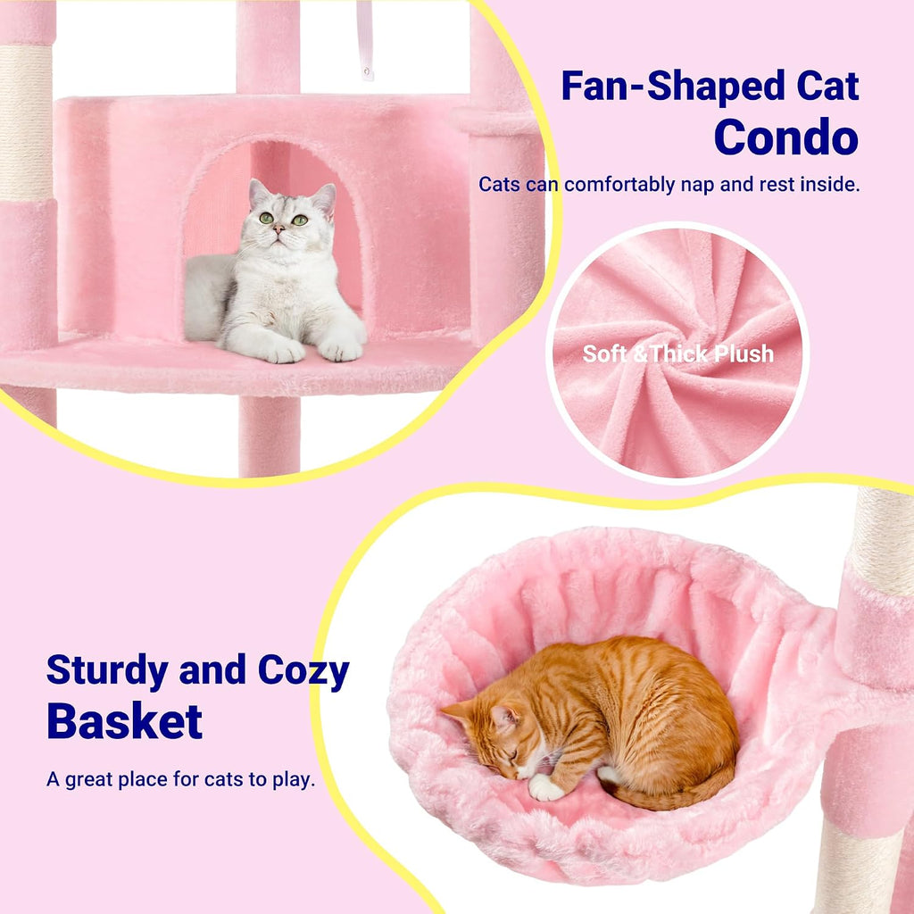 Allewie 73in Fan-Shaped Space-Saving Corner Cat Tower/Multi-Level Tall Cat Tree for Indoor Kitties/Cozy Baskets/Condos/House/Perches/Sisal Scratching Posts/Pet Activity Center/Pink