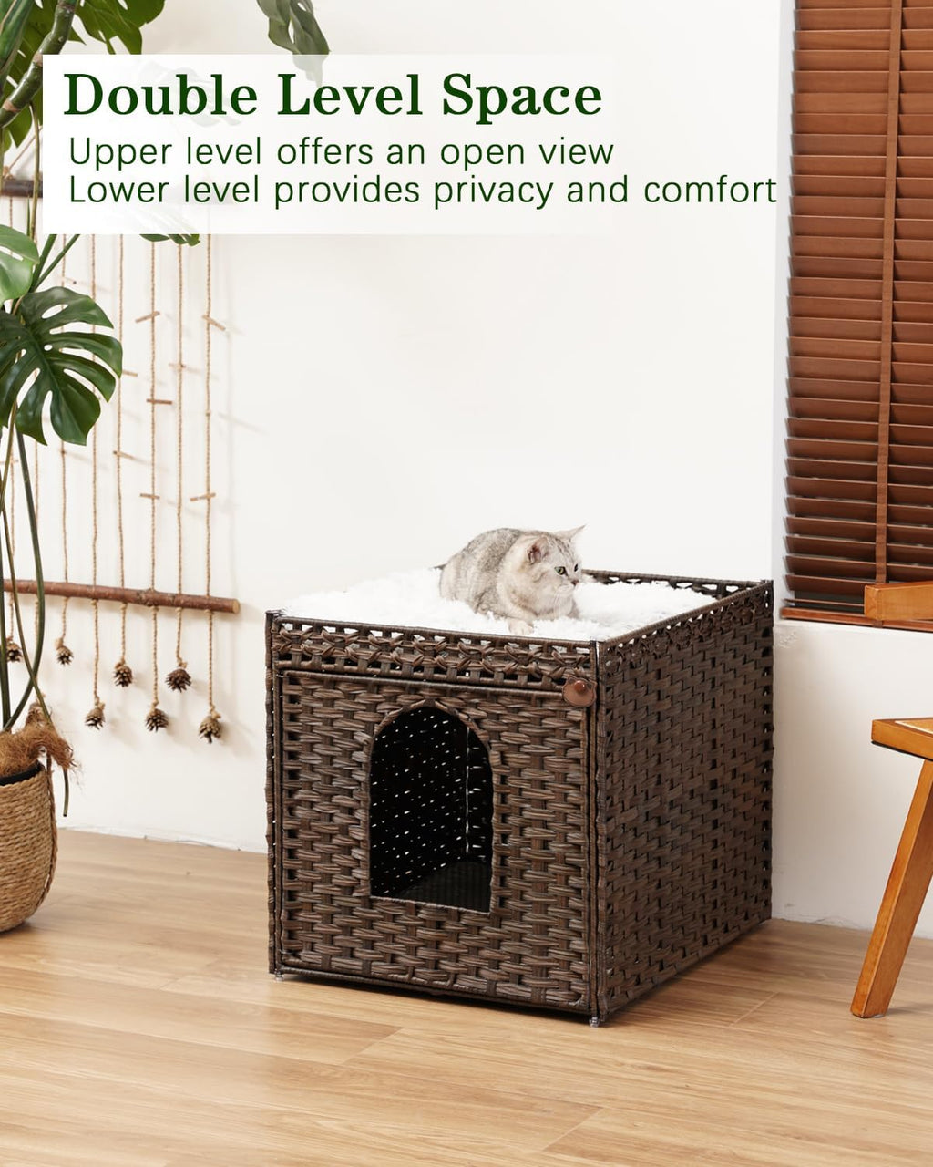 SETVSON Cat Litter Box Enclosure, Large PE Rattan Side Table, Brown