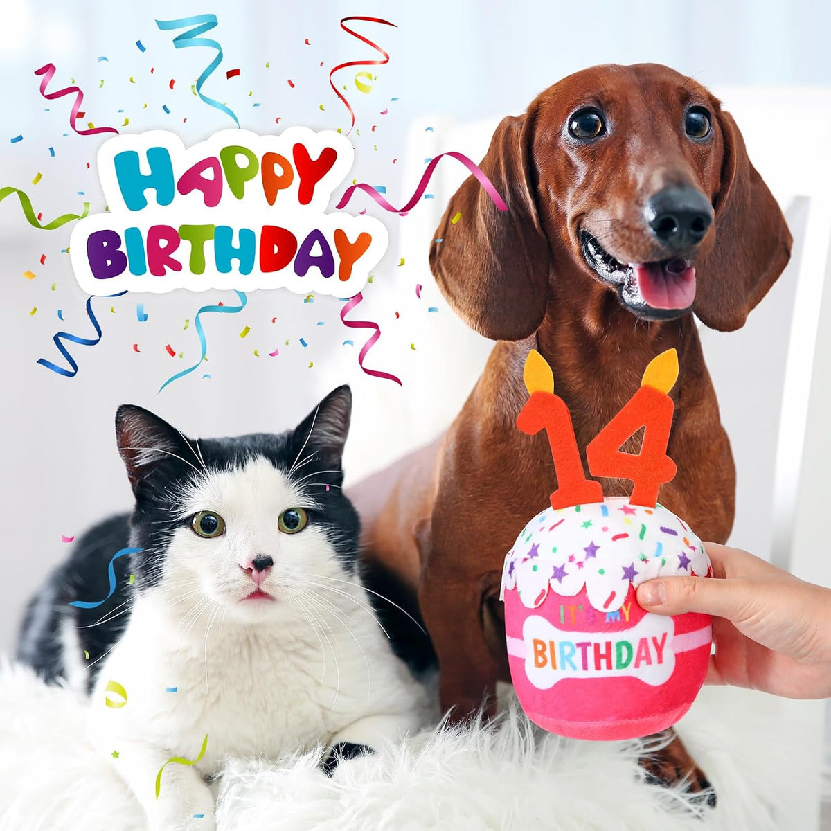 Dansydaisy Dog Birthday Cake Toy Squeaky Plush Gift,14th,Pink | Interactive Squeaky Gift for Dogs, Dog Birthday Decor , Soft Chew for Small Medium Large Pets, Cake Design with Candle