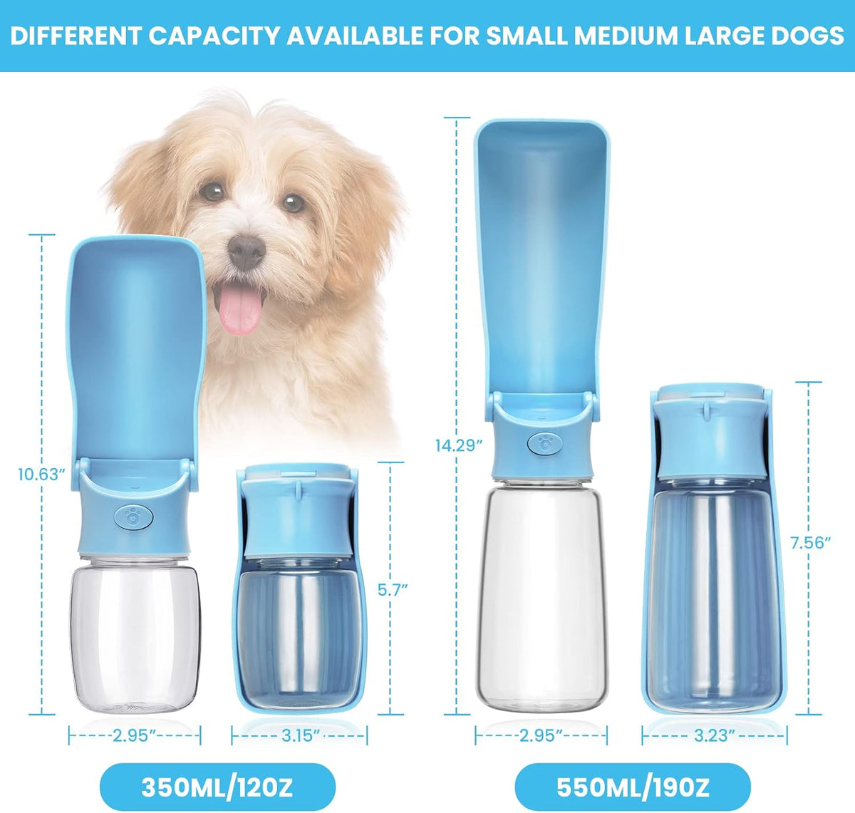 Foldable Dog Water Bottle, Leak Proof Dispenser, SkyBlue, 19oz | Portable Water Dispenser, Dishwasher Safe, for Puppy Small Medium Large Dogs, Pet Drink Cup for Walking Hiking Traveling